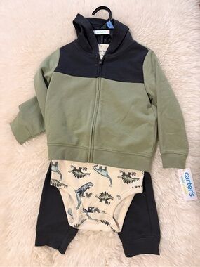 Carter's Olive Green & Black Hooded Zip Jacket with Dino Bodysuit Set